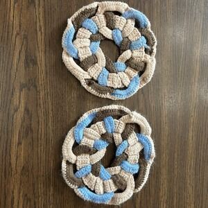 Vintage 70s Cottagecore Handmade Braided Crochet Trivet Hot Pad Set‎ 2 Boho Folk